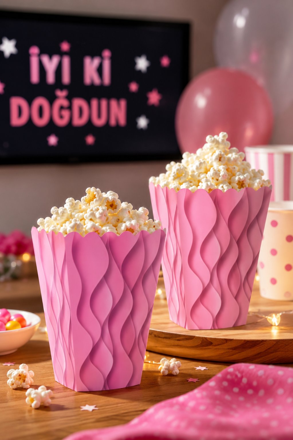 Mısır Kutusu Pop Corn Kutusu  Dalgalı Pembe Desenli / 8 Parça