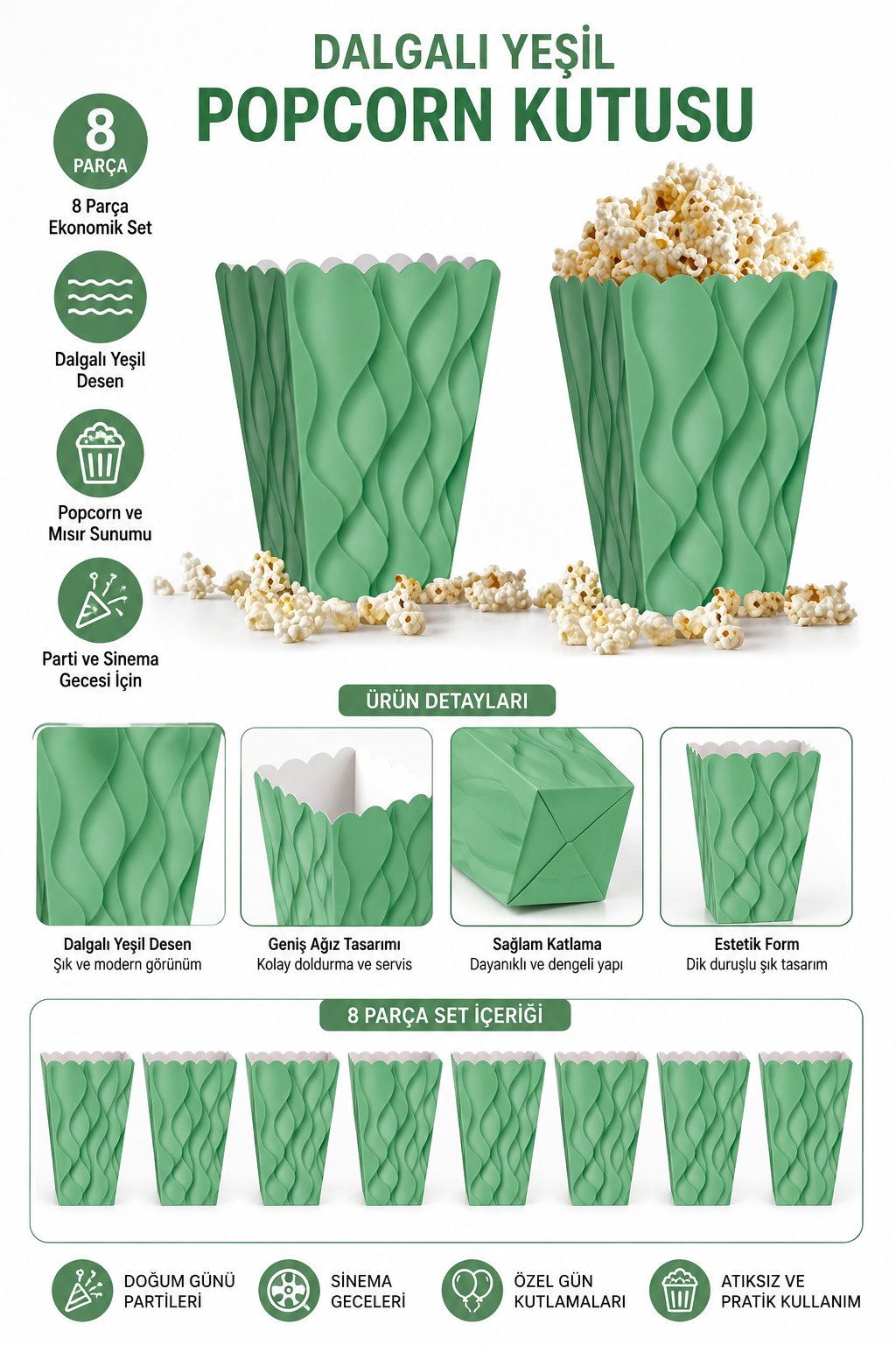 Mısır Kutusu Pop Corn Kutusu Dalgalı Yeşil Desenli / 8 Parça