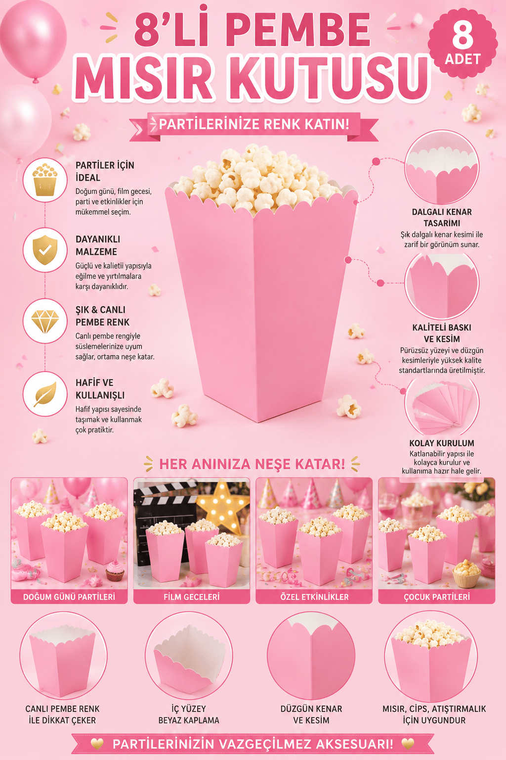 Mısır Kutusu Pop Corn Kutusu Pembe 8'li Doğum Günü Parti Sinema Temalı Patlamış Mısır Kutusu