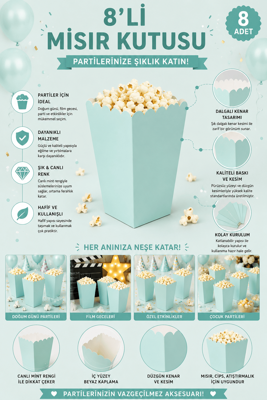 Mısır Kutusu Pop Corn Kutusu Su Yeşili 8'li Doğum Günü Parti Sinema Temalı Patlamış Mısır Kutusu