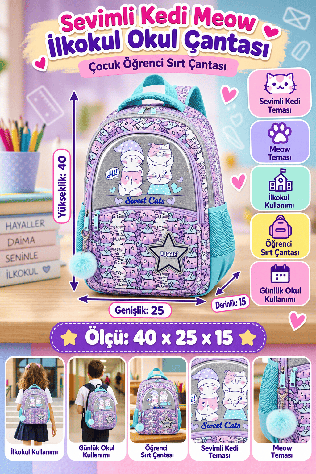 MUGGLE mu-9063 MEOW Kol.İlkokul Çantası