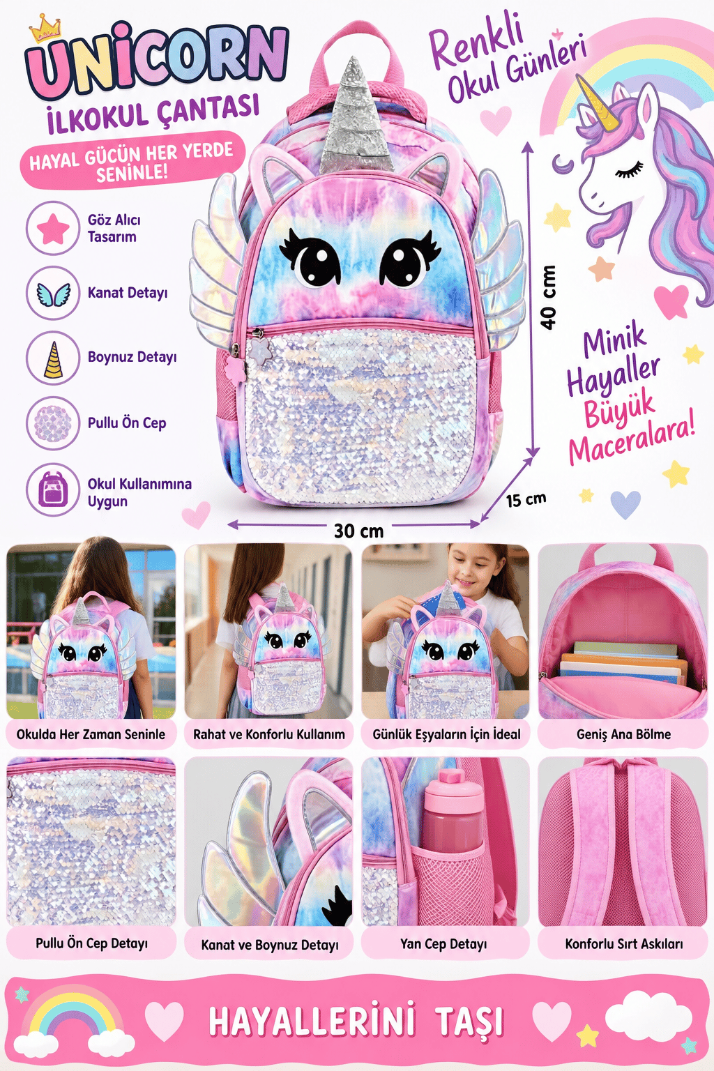 MUGGLE Wings Unicorn Okul Sırt Çantası MU-9088