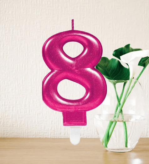 Mum Fuşya Pembe ışıltılı 8 Yaş mumu Koyu Pembe 8cm büyük doğum günü mumu