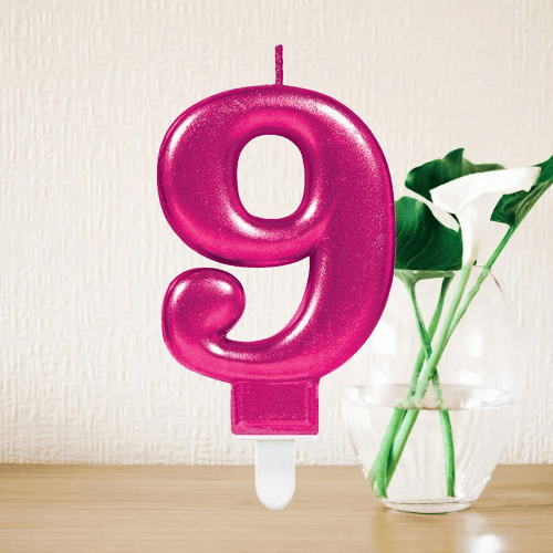 Mum Fuşya Pembe ışıltılı 9 Yaş mumu Koyu Pembe 8cm büyük doğum günü mumu