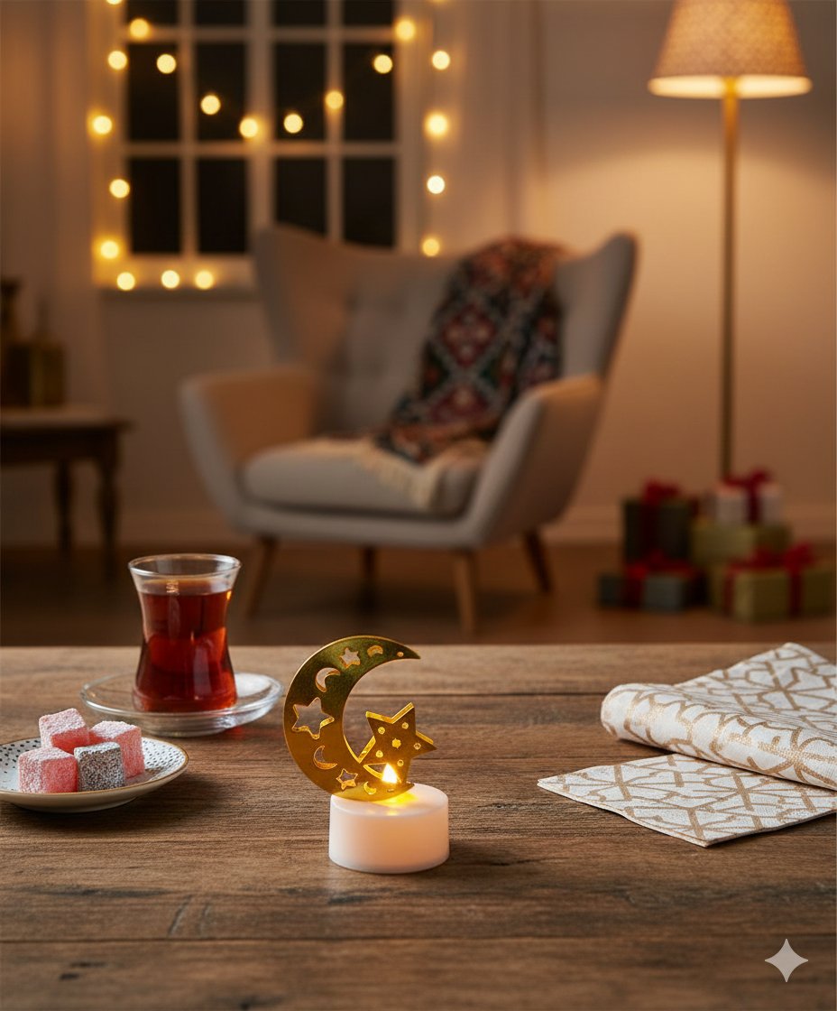 Mum Ledli Tealight Altın Metal Ay-Yıldız Model kendinden pilli