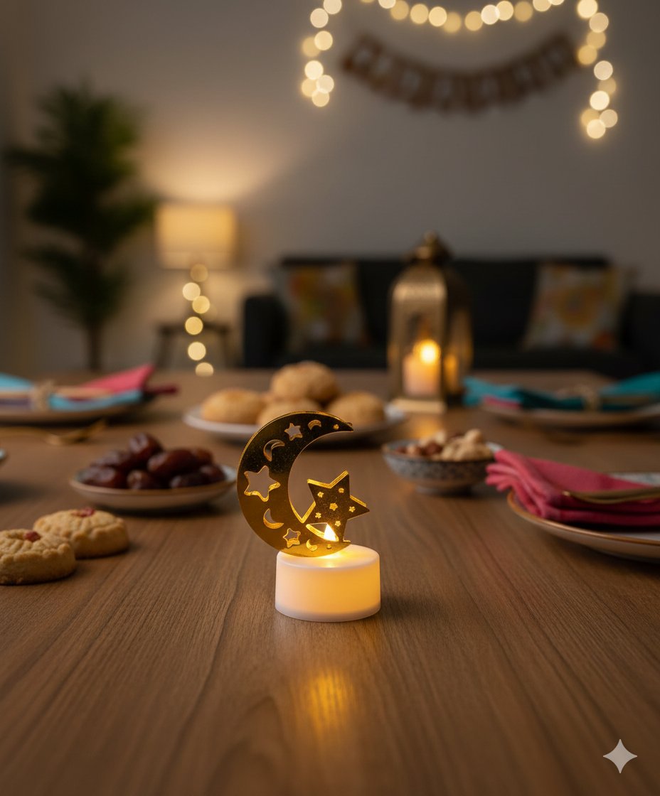 Mum Ledli Tealight Altın Metal Ay-Yıldız Model kendinden pilli