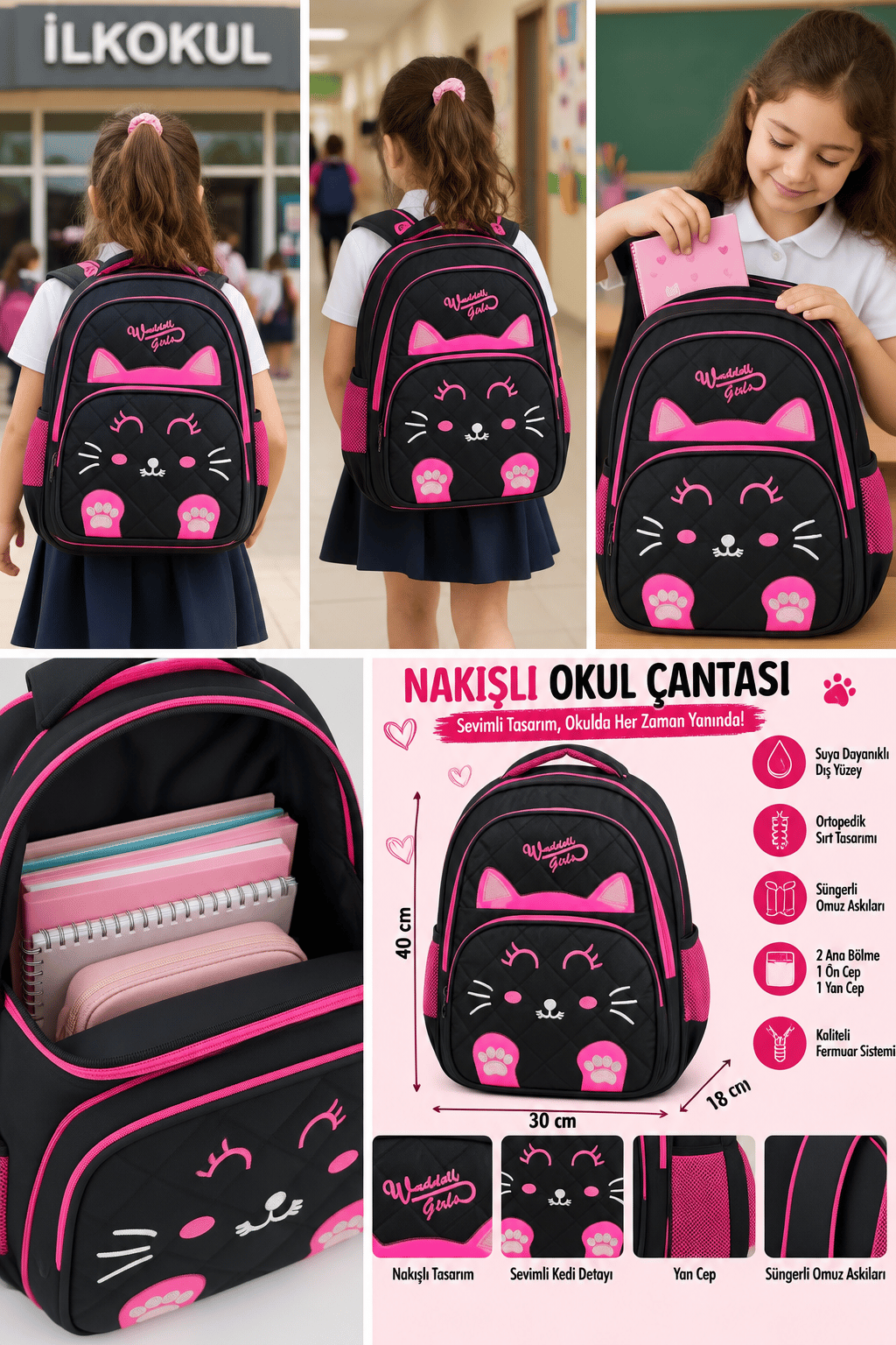 Nakışlı Okul Çantası Kedi 5011