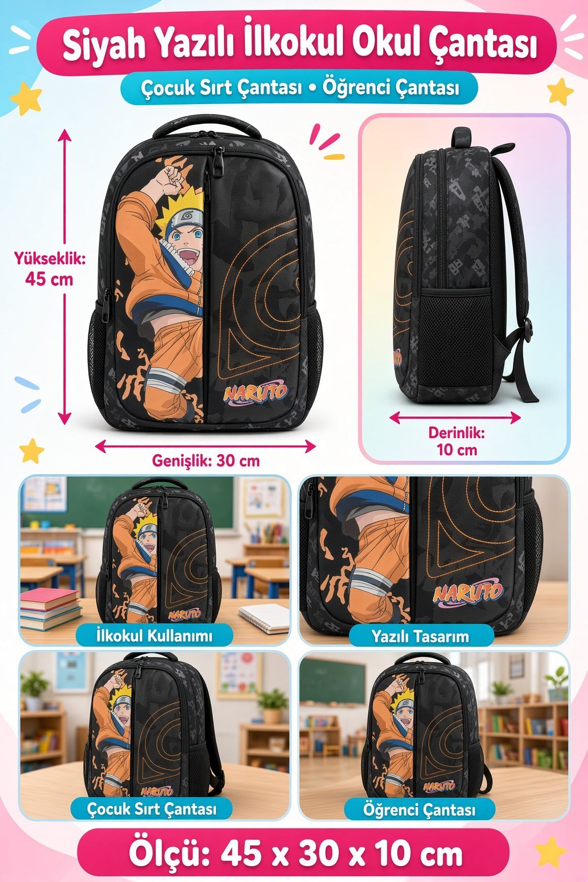 Naruto Okul Çantası 3130 Naruto Yazılı Siyah Okul Çantası 3130