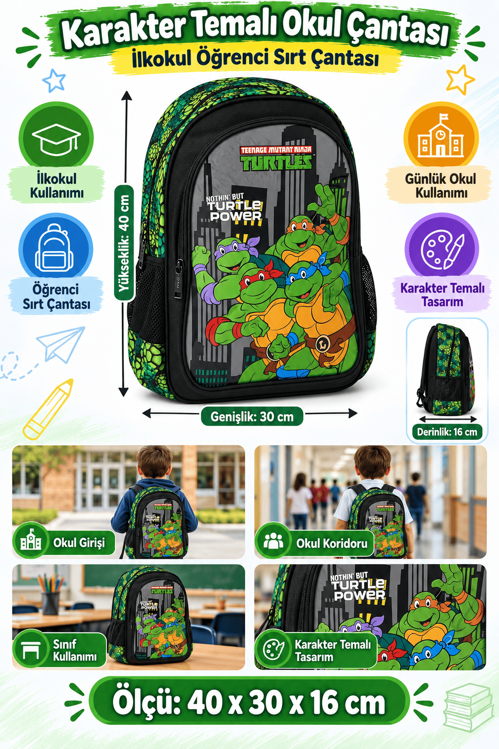 Ninja Kaplumbağalar Turtles İlkokul Okul Çantası Öğrenci Sırt Çantası 40 x 30 x 16