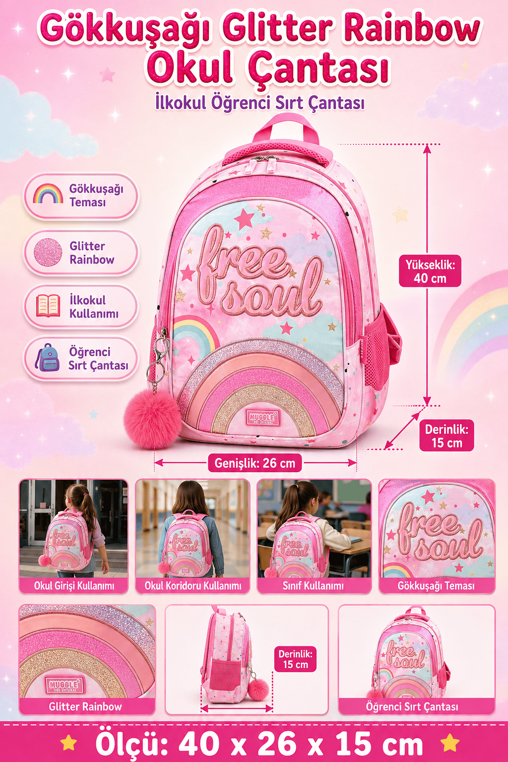 Okul çantası Muggle MU-9060 Glitter Rainbow