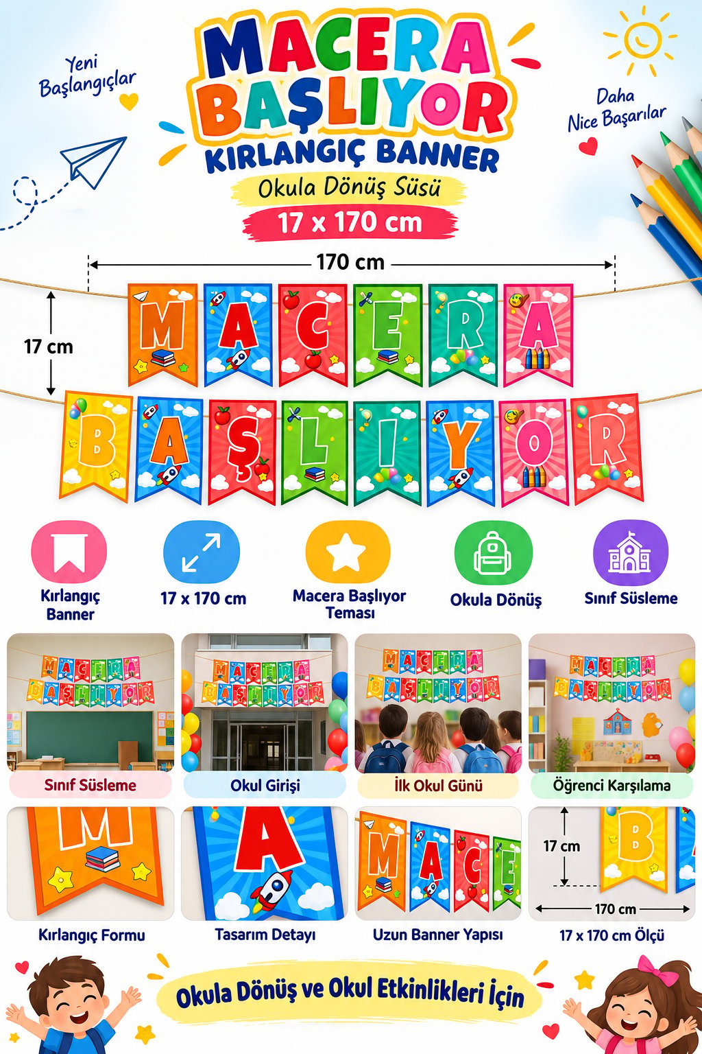 Okul süsü Macera Başlıyor Kırlangıç Banner Süs 17*170 cm
