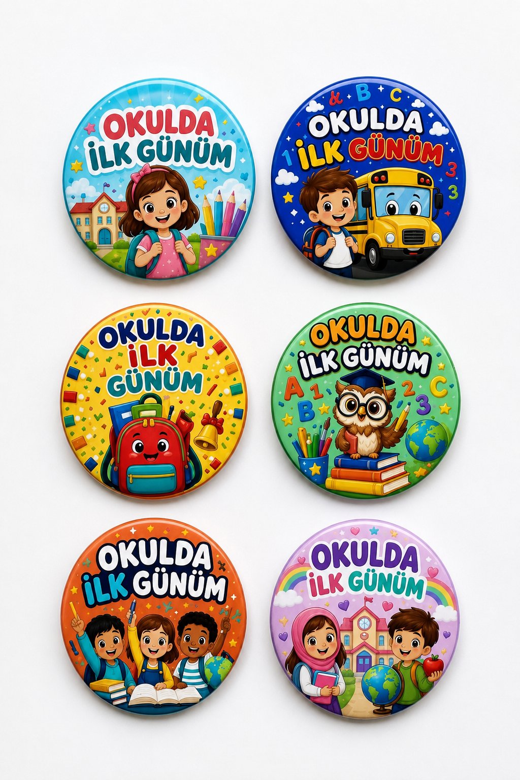 Okulda İlk Günüm 6'lı Yaka ve Çanta Rozeti 3,5 cm Çap Çocuk Okula Başlangıç Seti