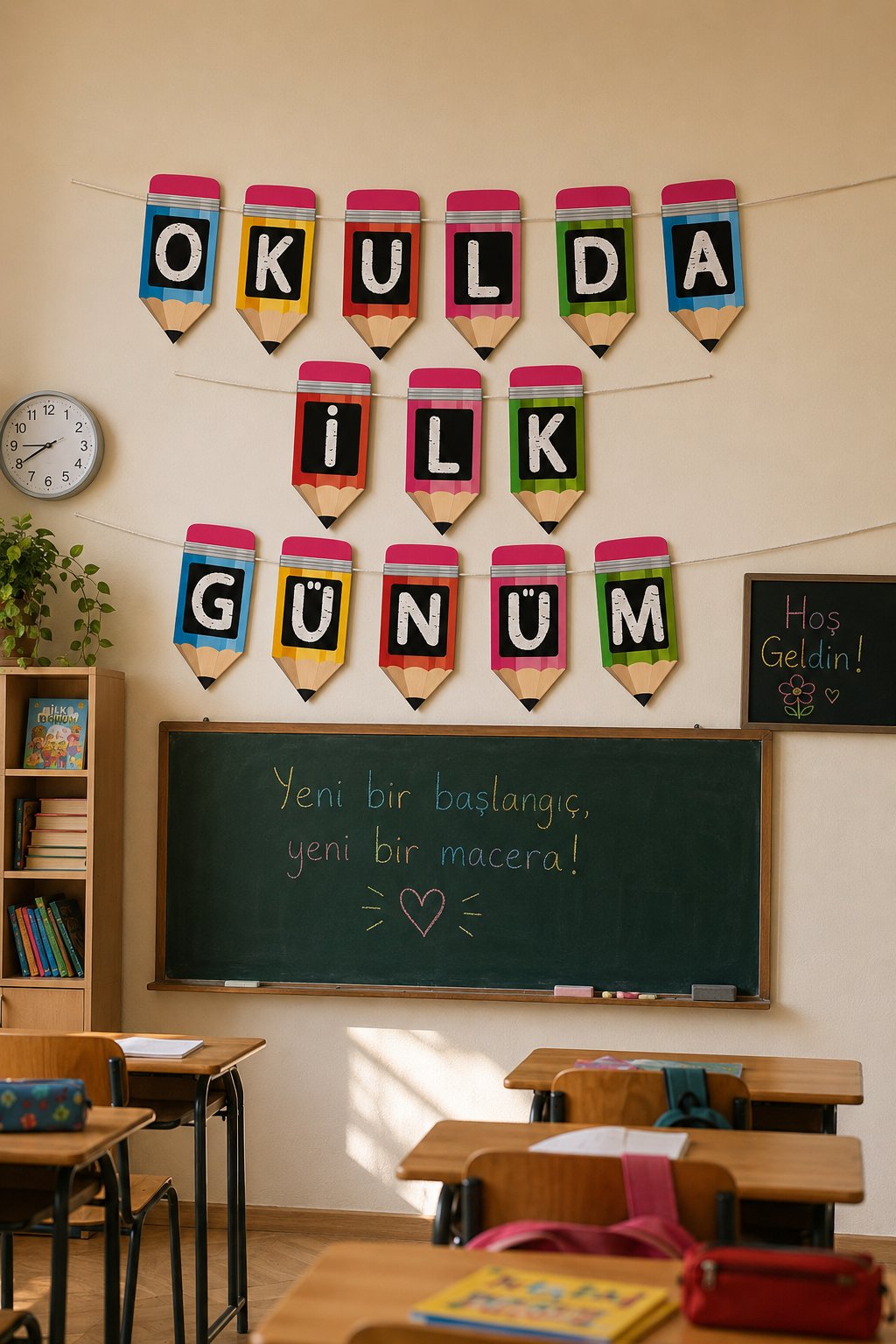 Okulda İlk Günüm Rengarenk Kalem Kağıt Banner Okula Dönüş Sınıf Okul Açılışı Süsü 200 cm