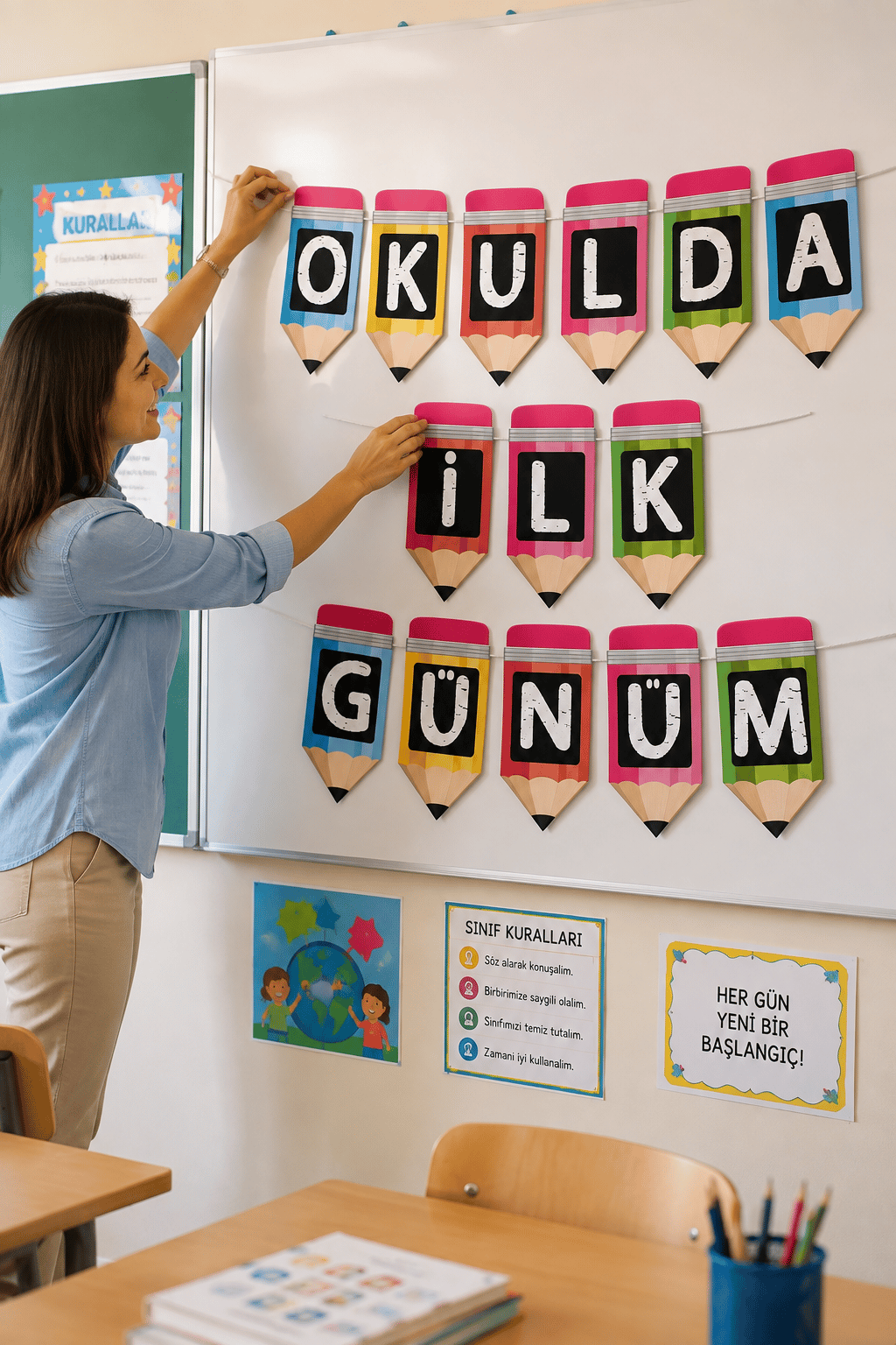 Okulda İlk Günüm Rengarenk Kalem Kağıt Banner Okula Dönüş Sınıf Okul Açılışı Süsü 200 cm