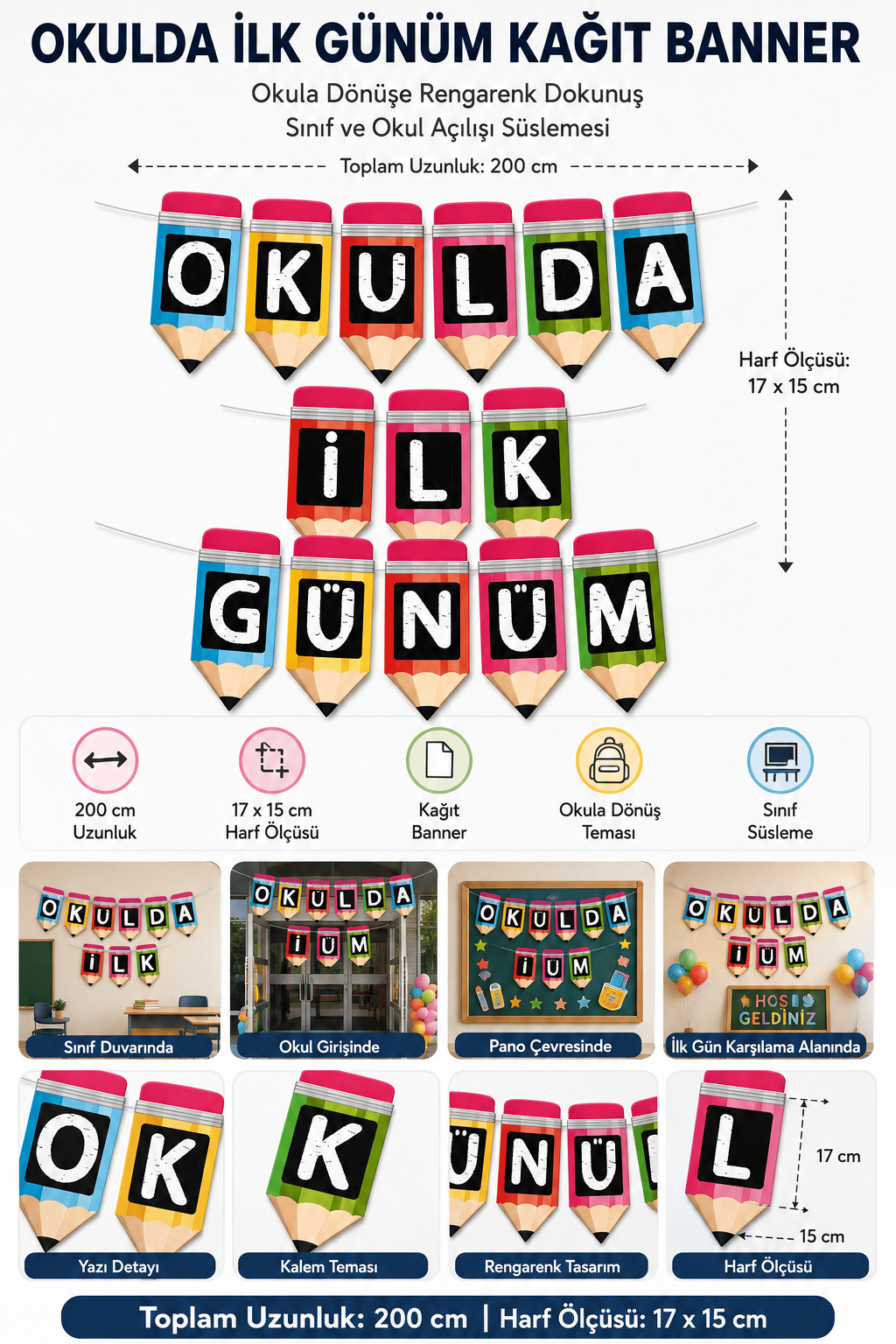 Okulda İlk Günüm Rengarenk Kalem Kağıt Banner Okula Dönüş Sınıf Okul Açılışı Süsü 200 cm