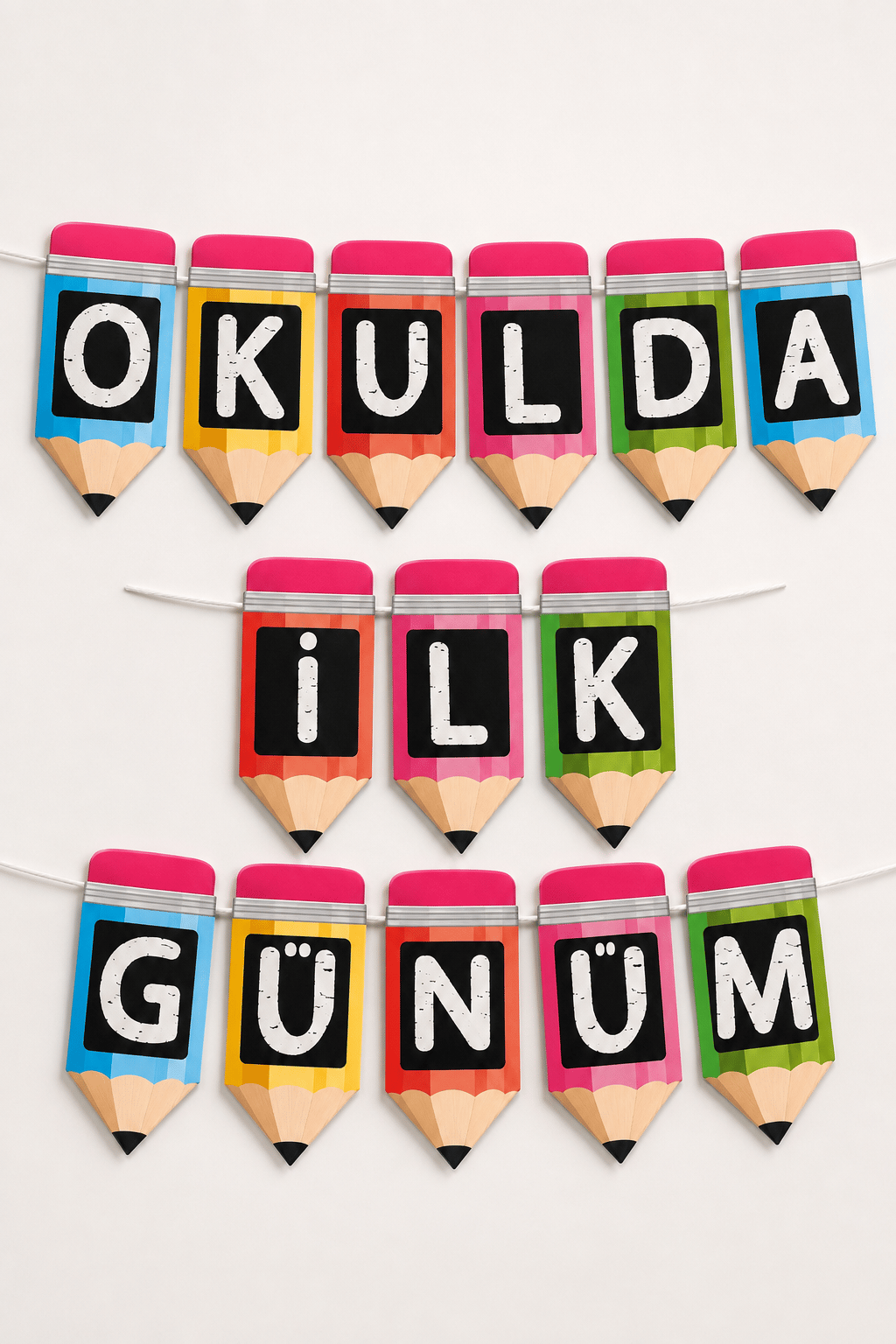 Okulda İlk Günüm Rengarenk Kalem Kağıt Banner Okula Dönüş Sınıf Okul Açılışı Süsü 200 cm