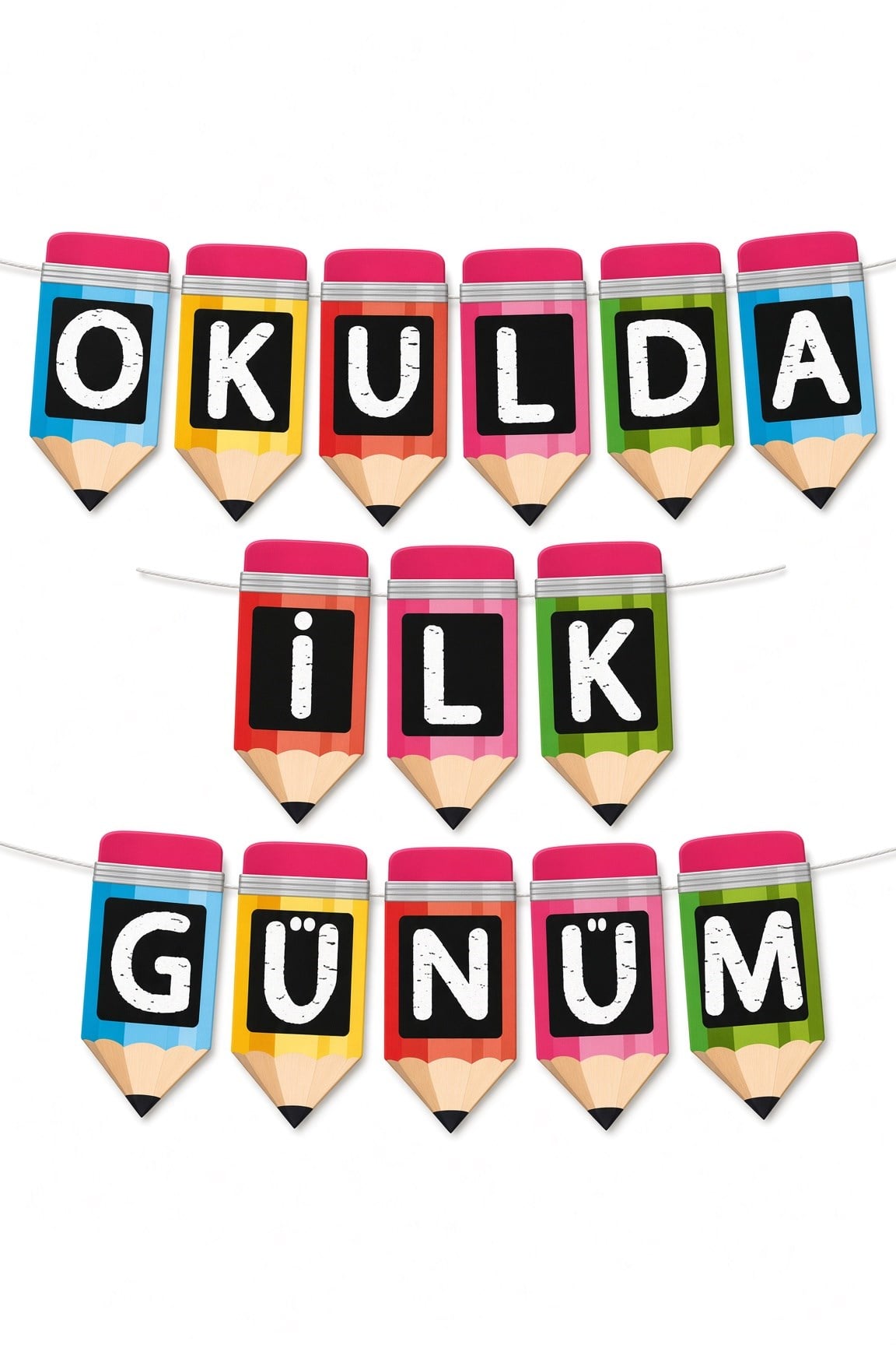 Okulda İlk Günüm Rengarenk Kalem Kağıt Banner Okula Dönüş Sınıf Okul Açılışı Süsü 200 cm