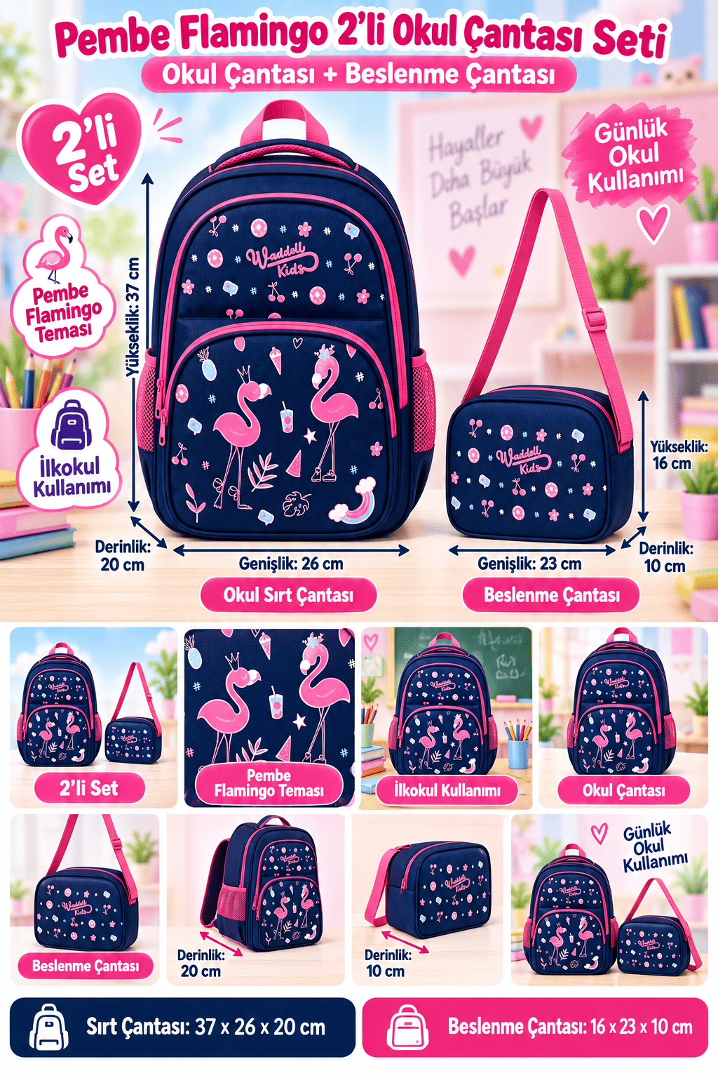 Oval İlkokul Çanta. Pembe Flamingo beslenme çantal