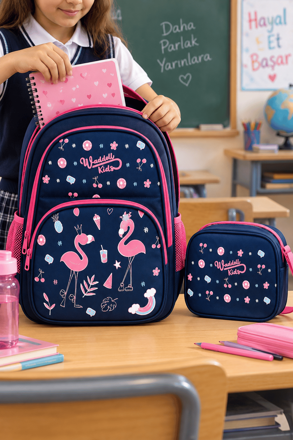 Oval İlkokul Çanta. Pembe Flamingo beslenme çantal