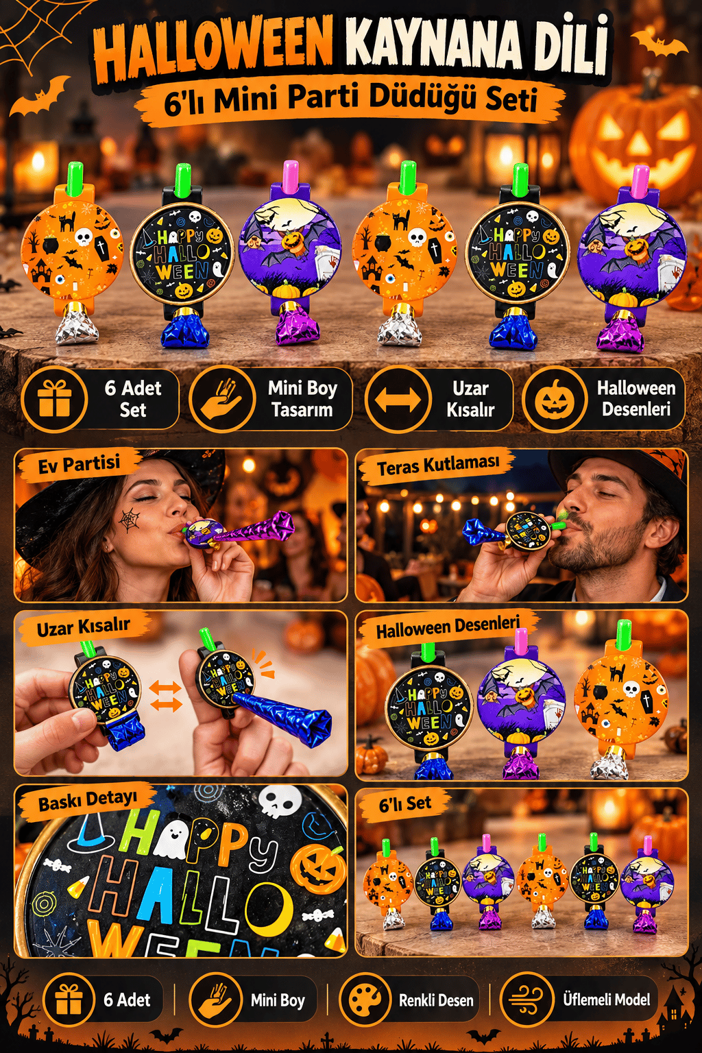 Parti düdüğü halloween cadılar bayramı 6 lı   