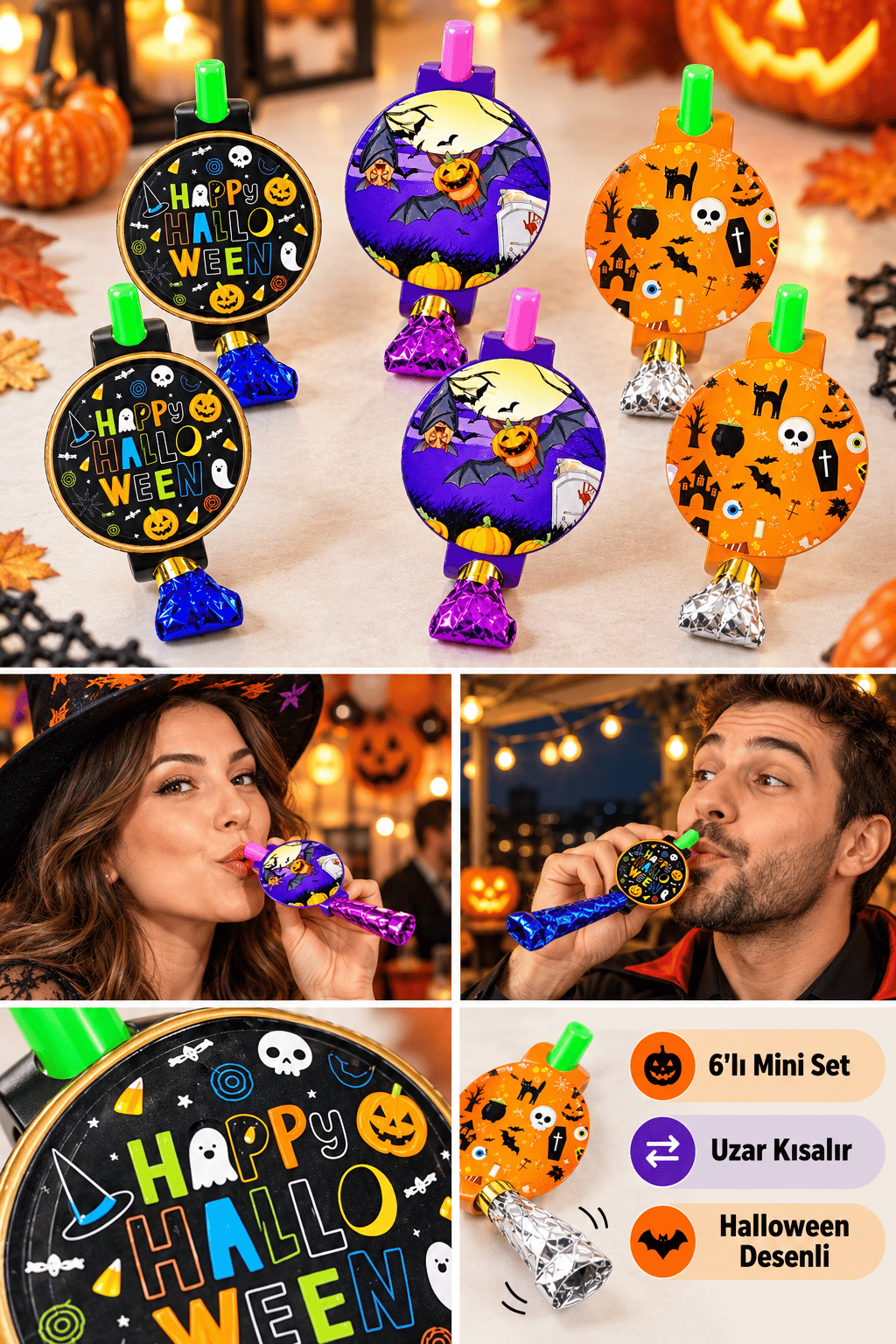 Parti düdüğü halloween cadılar bayramı 6 lı   