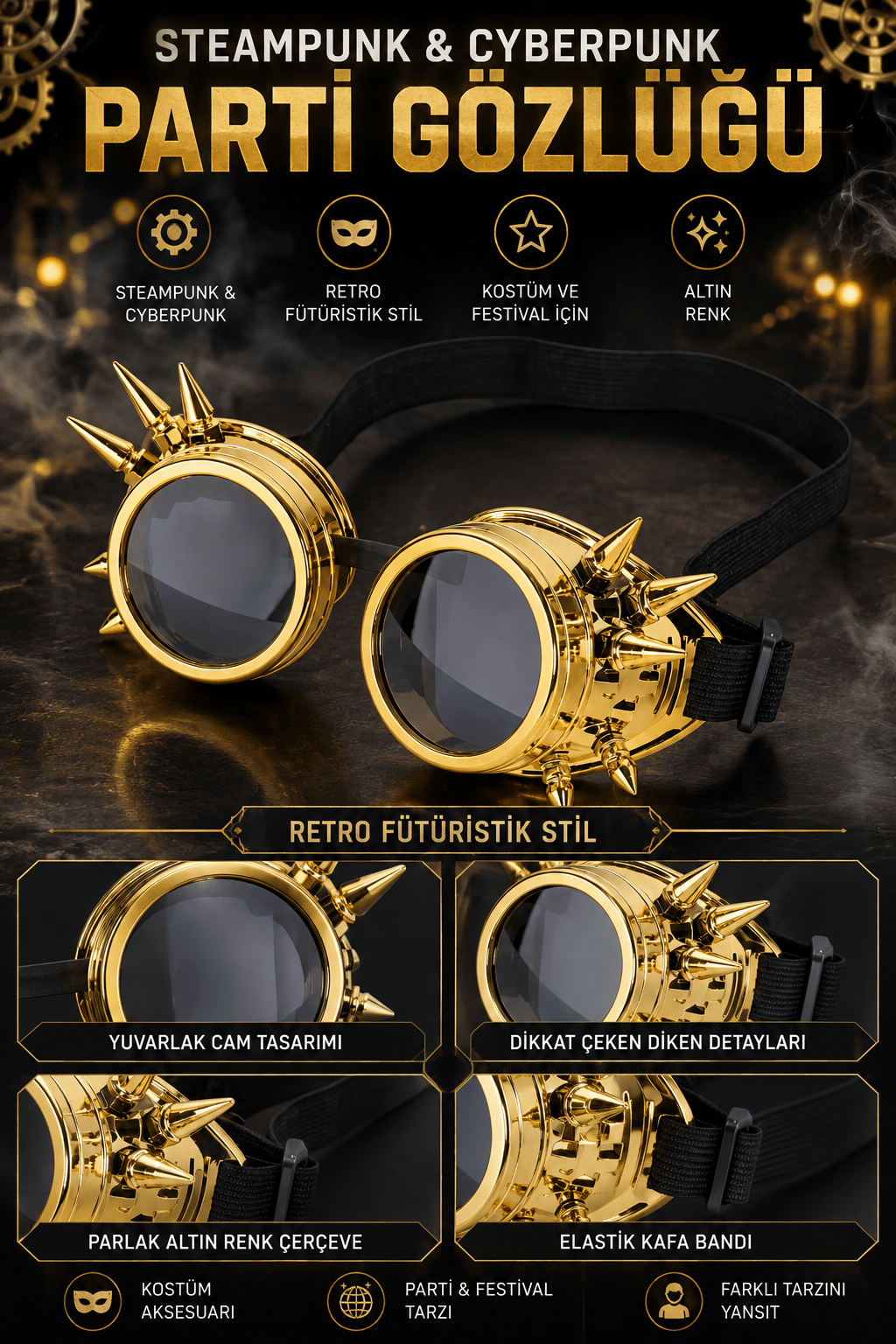 Parti Gözlük Steampunk Temalı Altın
