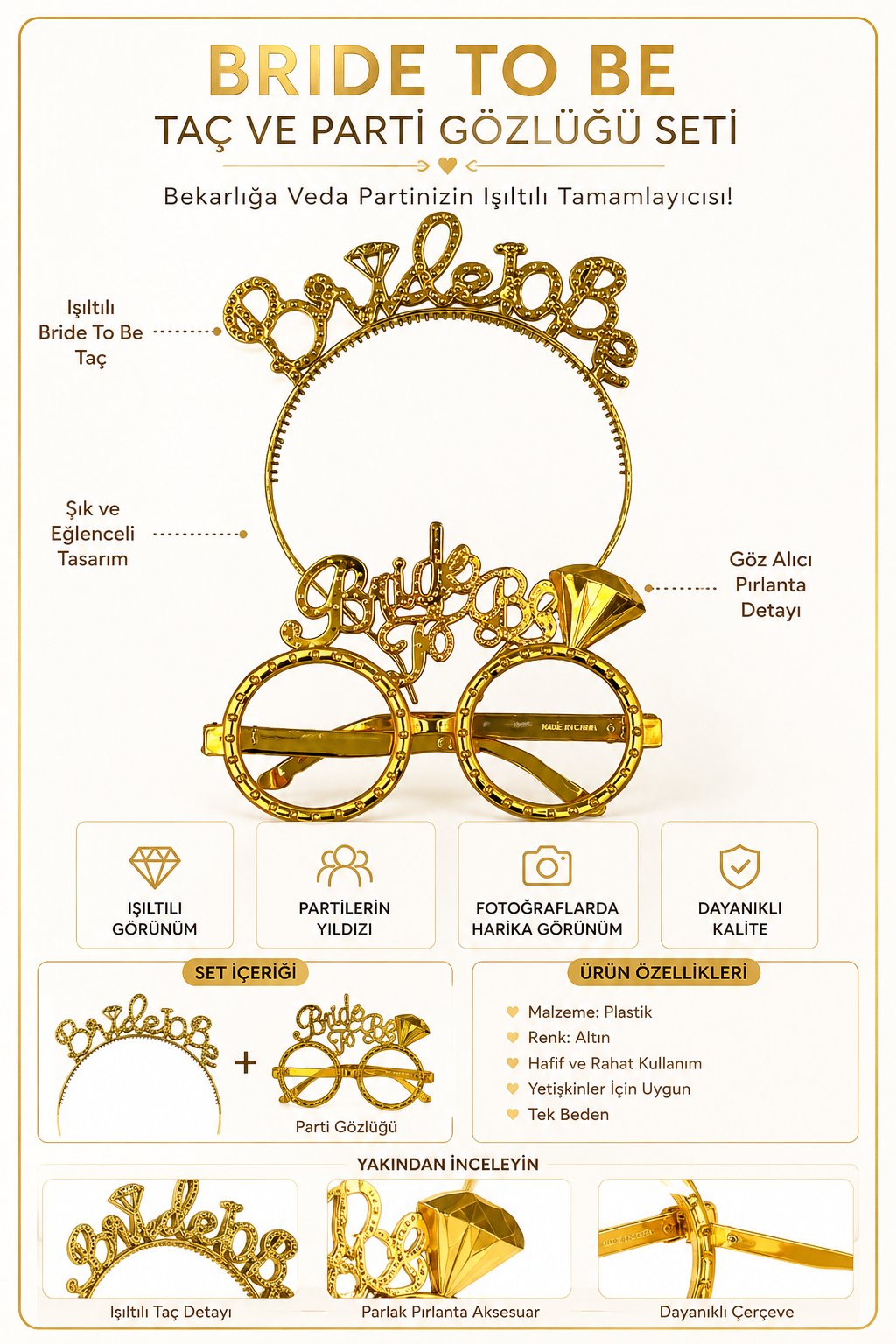 Parti Gözlük ve taç seti bride to be ALTIN