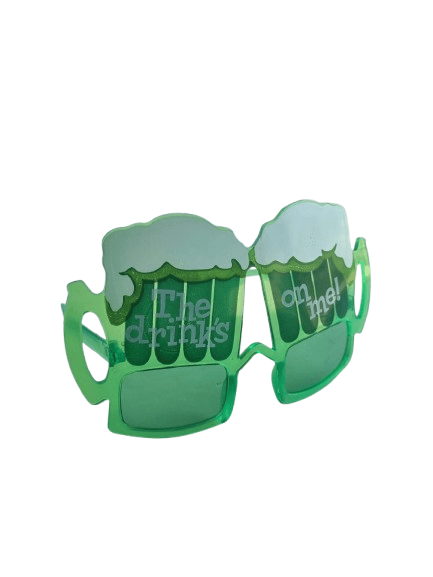 Parti Gözlük  Yeşil Bira Bardağı Şeklinde The Drinks on me yazılı eğlenceli parti gözlüğü
