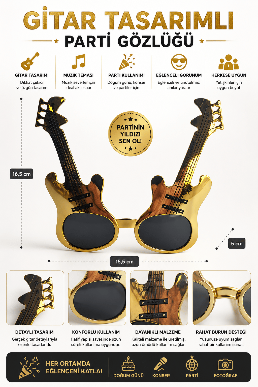 Parti Gözlükleri Gold Gitar Parti Gözlüğü