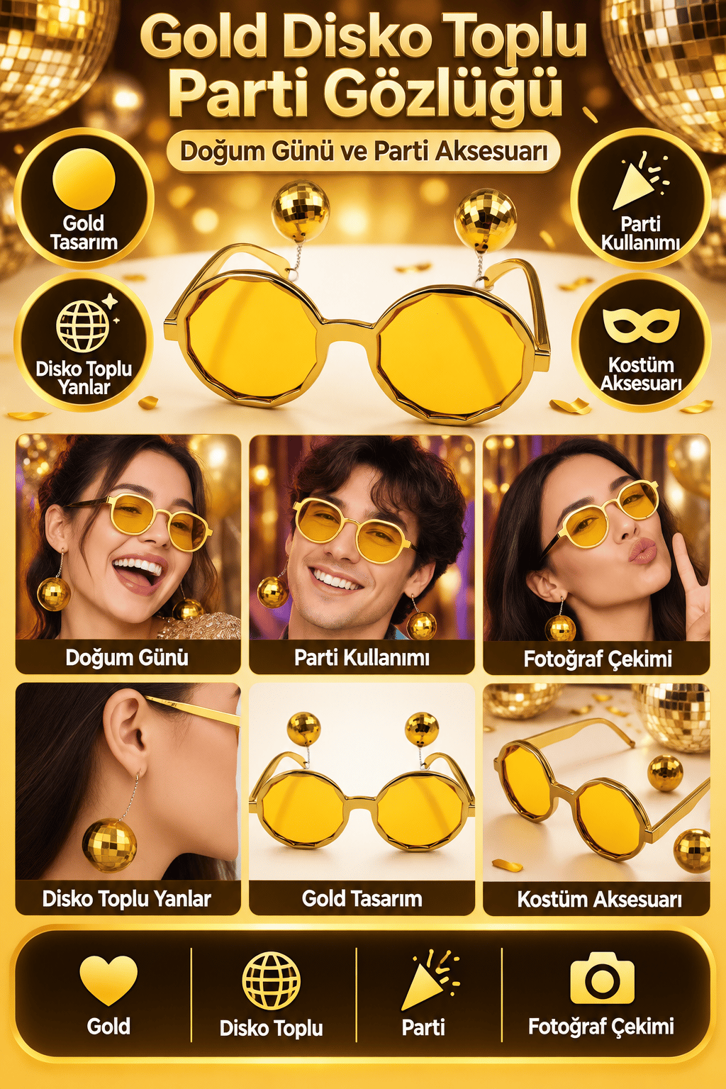 Parti Gözlükleri Gold Yanları Disko Toplu