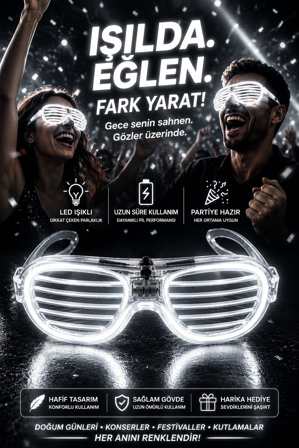 Parti Gözlükleri  LED Işıklı Beyaz lüks Parti Panjur Gözlük– Neon Çerçeve