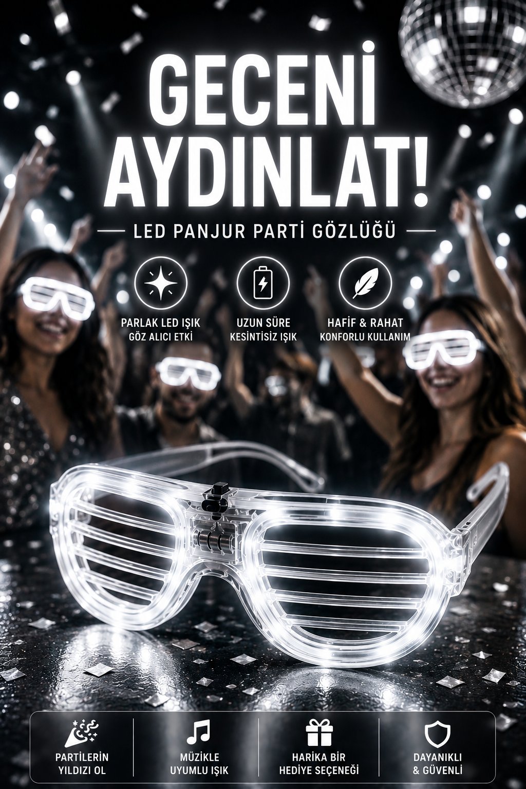Parti Gözlükleri  LED Işıklı Beyaz lüks Parti Panjur Gözlük– Neon Çerçeve