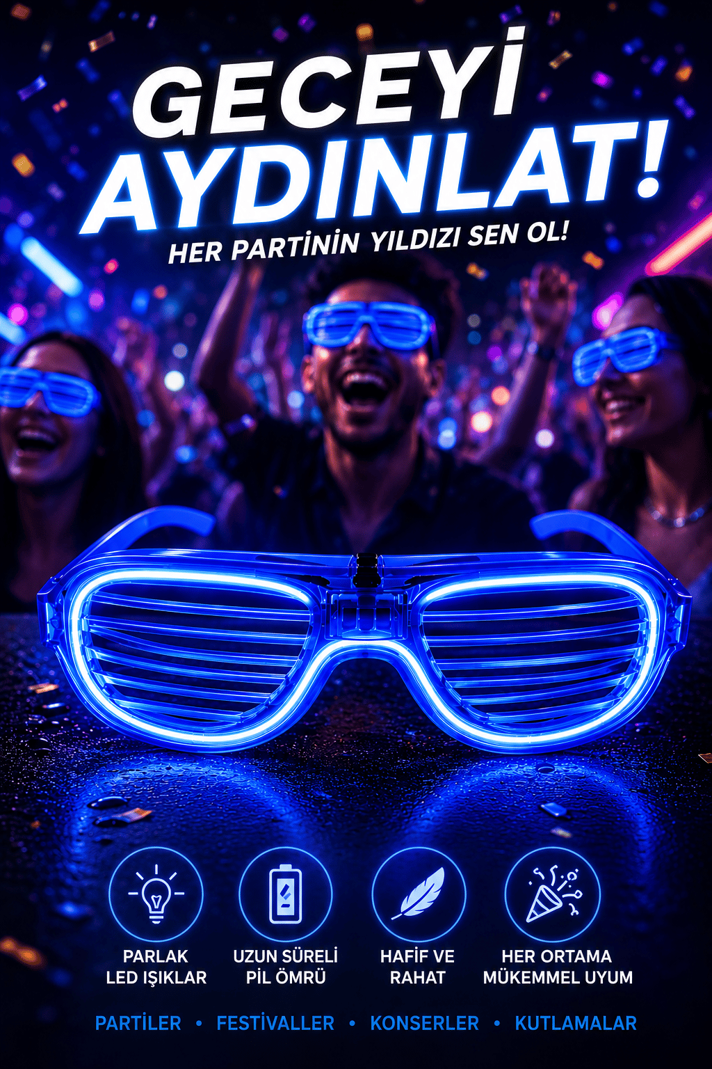 Parti Gözlükleri  LED Işıklı Mavi lüks Parti Panjur Gözlük– Neon Çerçeve