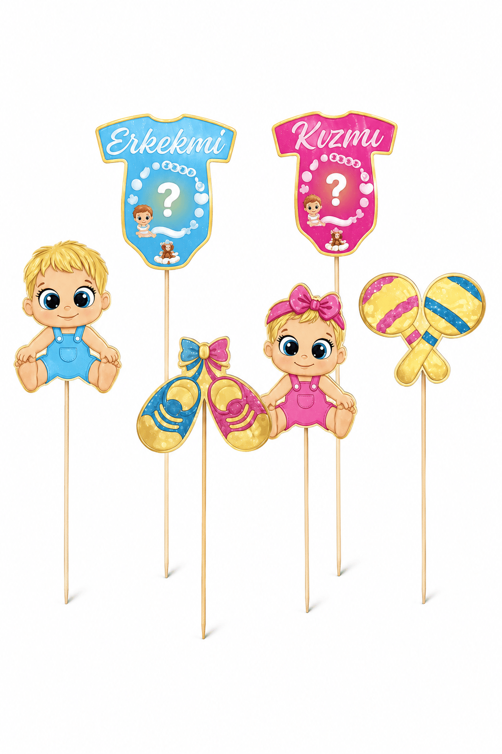 Pasta Süsü Cinsiyet Belirleme Seti 6'lı Kız mı Erkek mi 20x10 cm Baby Shower Parti Dekoru Süs