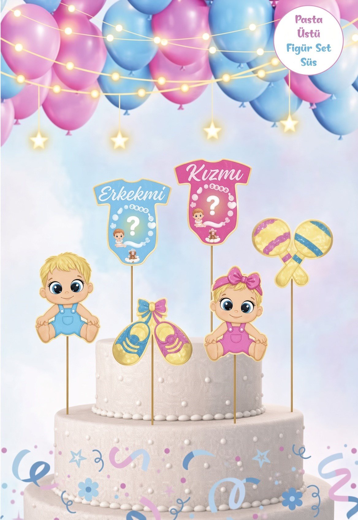 Pasta Süsü Cinsiyet Belirleme Seti 6'lı Kız mı Erkek mi 20x10 cm Baby Shower Parti Dekoru Süs