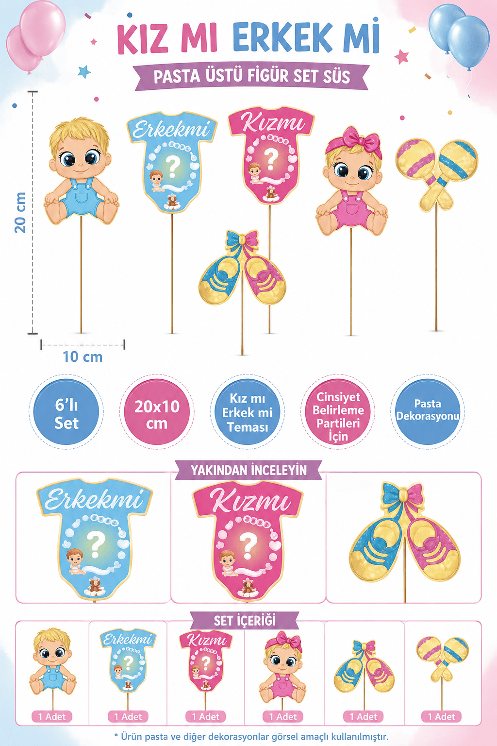Pasta Süsü Cinsiyet Belirleme Seti 6'lı Kız mı Erkek mi 20x10 cm Baby Shower Parti Dekoru Süs