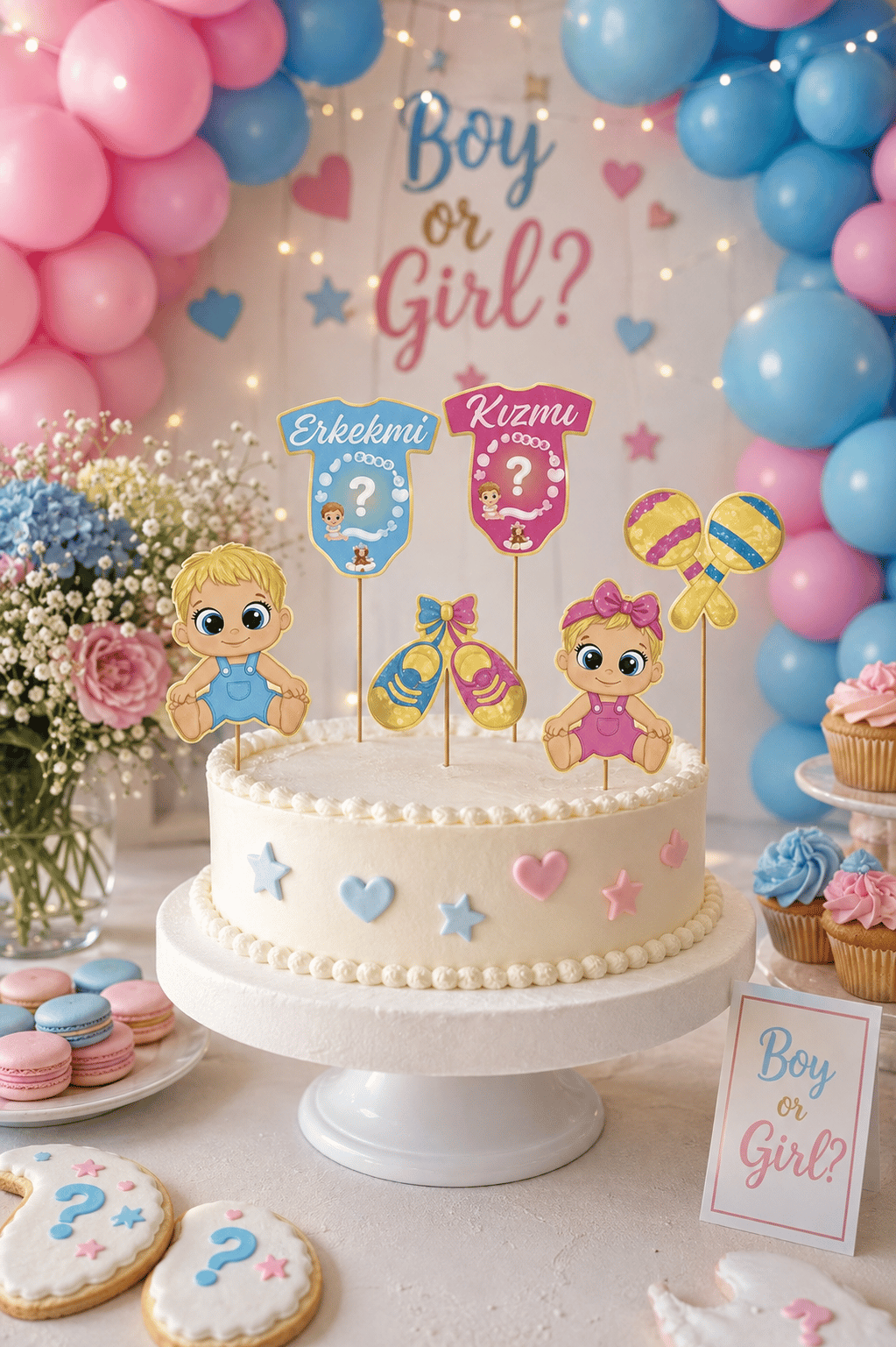 Pasta Süsü Cinsiyet Belirleme Seti 6'lı Kız mı Erkek mi 20x10 cm Baby Shower Parti Dekoru Süs