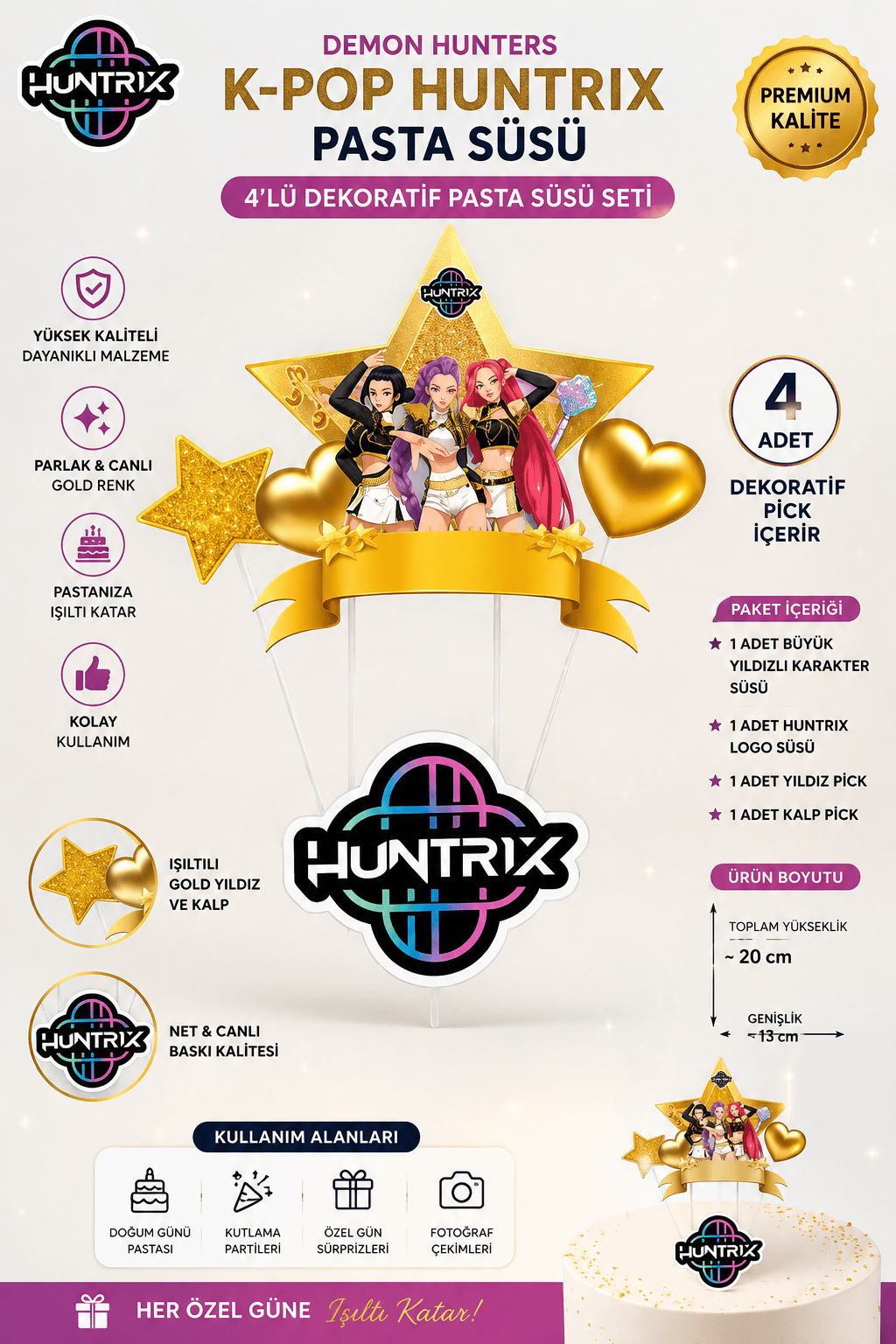 Pasta Süsü Çubuklu K-POP HUNTERİX Gold 4 lü süs