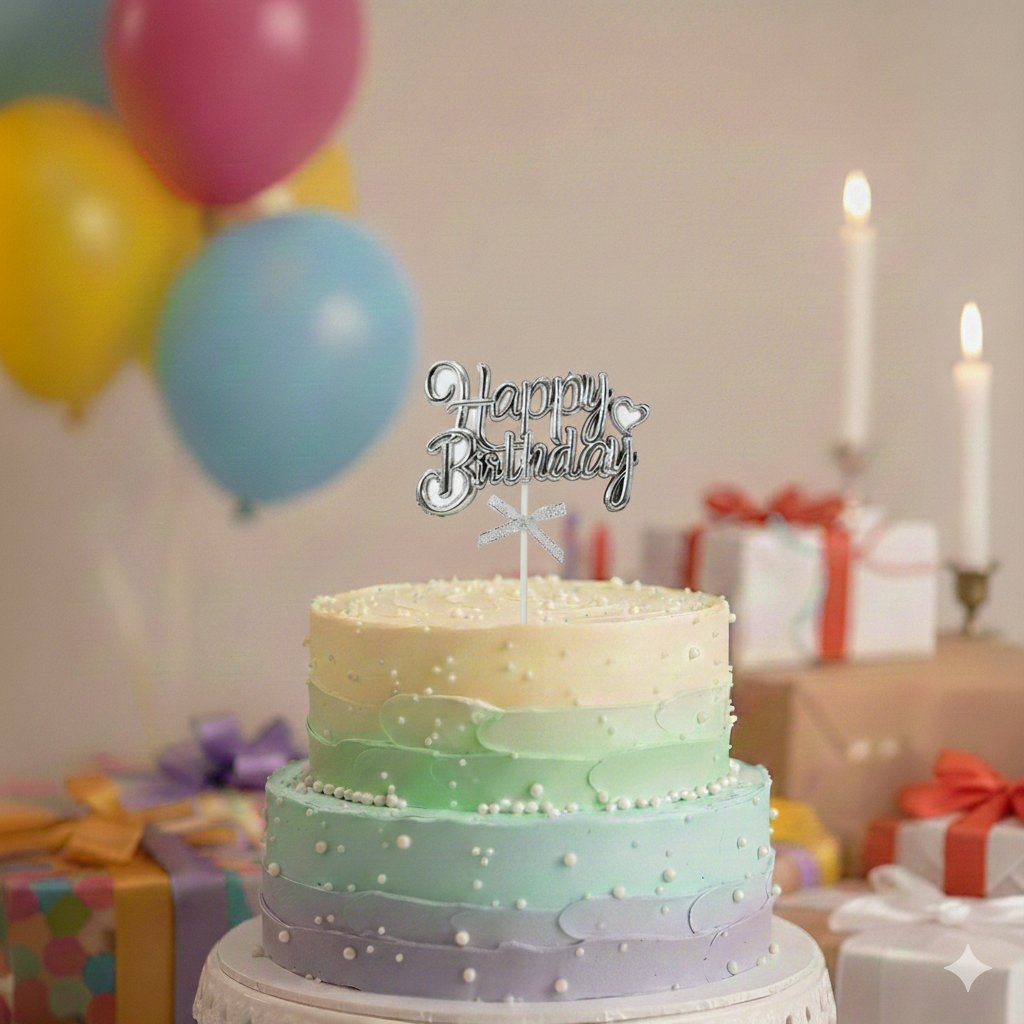 Pasta Süsü KROM Happy Birthday kürdan GÜMÜŞ