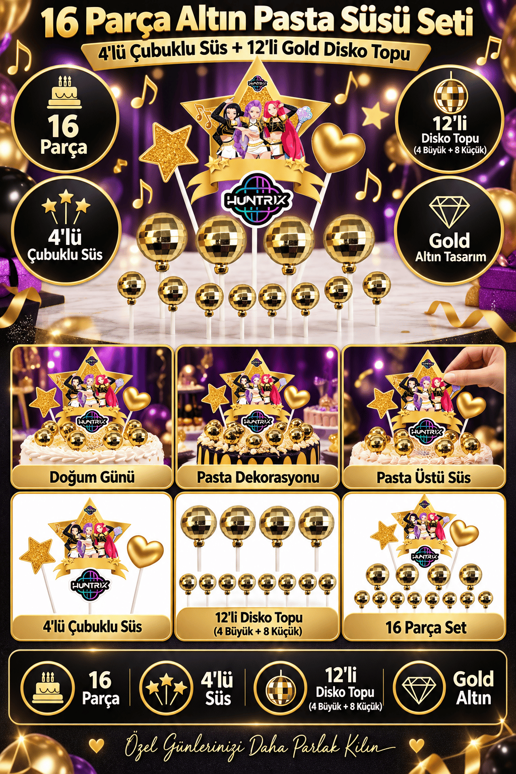 Pasta Süsü Set 4 lü Gold-Altın çubuklu süs+12 li gold disko topu set