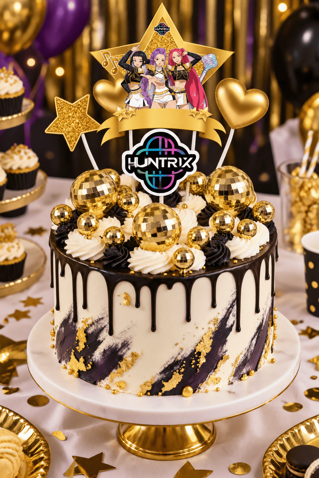 Pasta Süsü Set 4 lü Gold-Altın çubuklu süs+12 li gold disko topu set