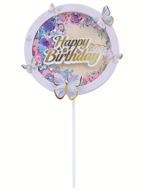 Pasta Üstü Çubuklu Dekor Süs Happy Birthday Yazılı Kelebek Motifli