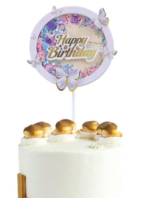 Pasta Üstü Çubuklu Dekor Süs Happy Birthday Yazılı Kelebek Motifli