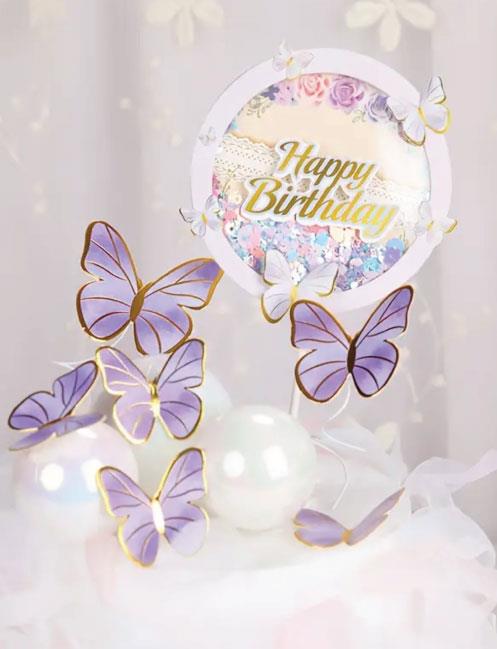 Pasta Üstü Çubuklu Dekor Süs Happy Birthday Yazılı Kelebek Motifli