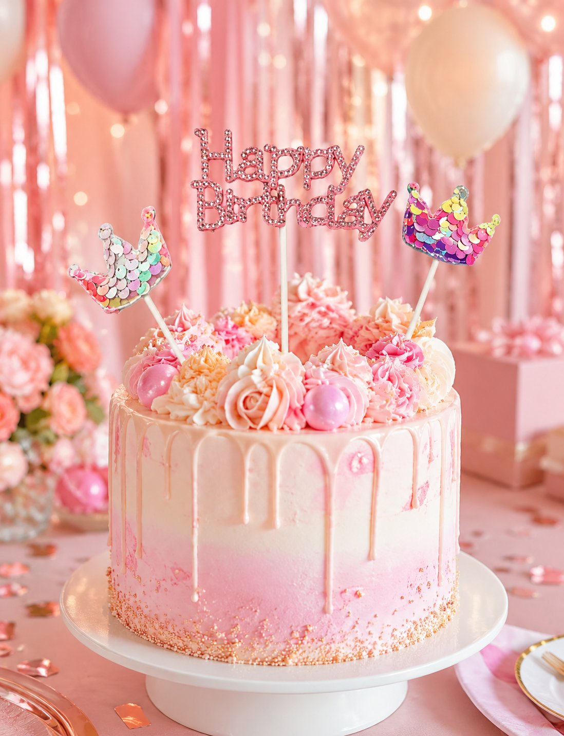 Pasta Üstü Çubuklu Happy Birthday Taşlı Pullu 3 Parça