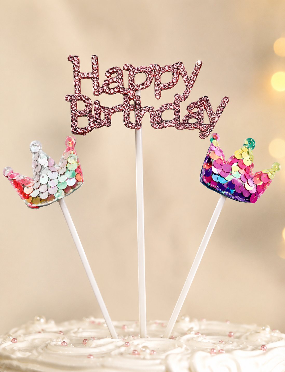 Pasta Üstü Çubuklu Happy Birthday Taşlı Pullu 3 Parça