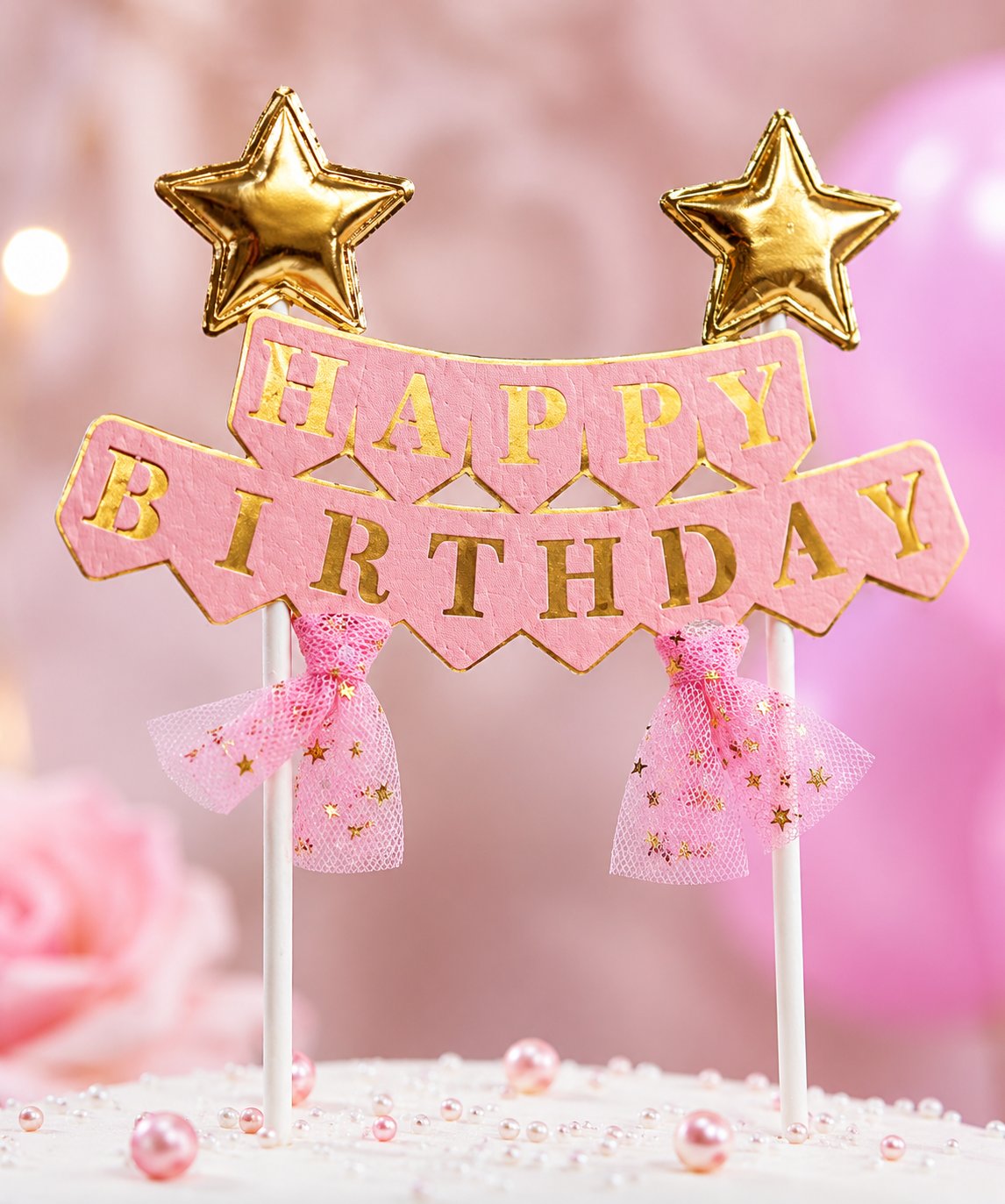 Pasta Üstü Çubuklu Happy Birthday Yıldızlı Tüllü Pembe