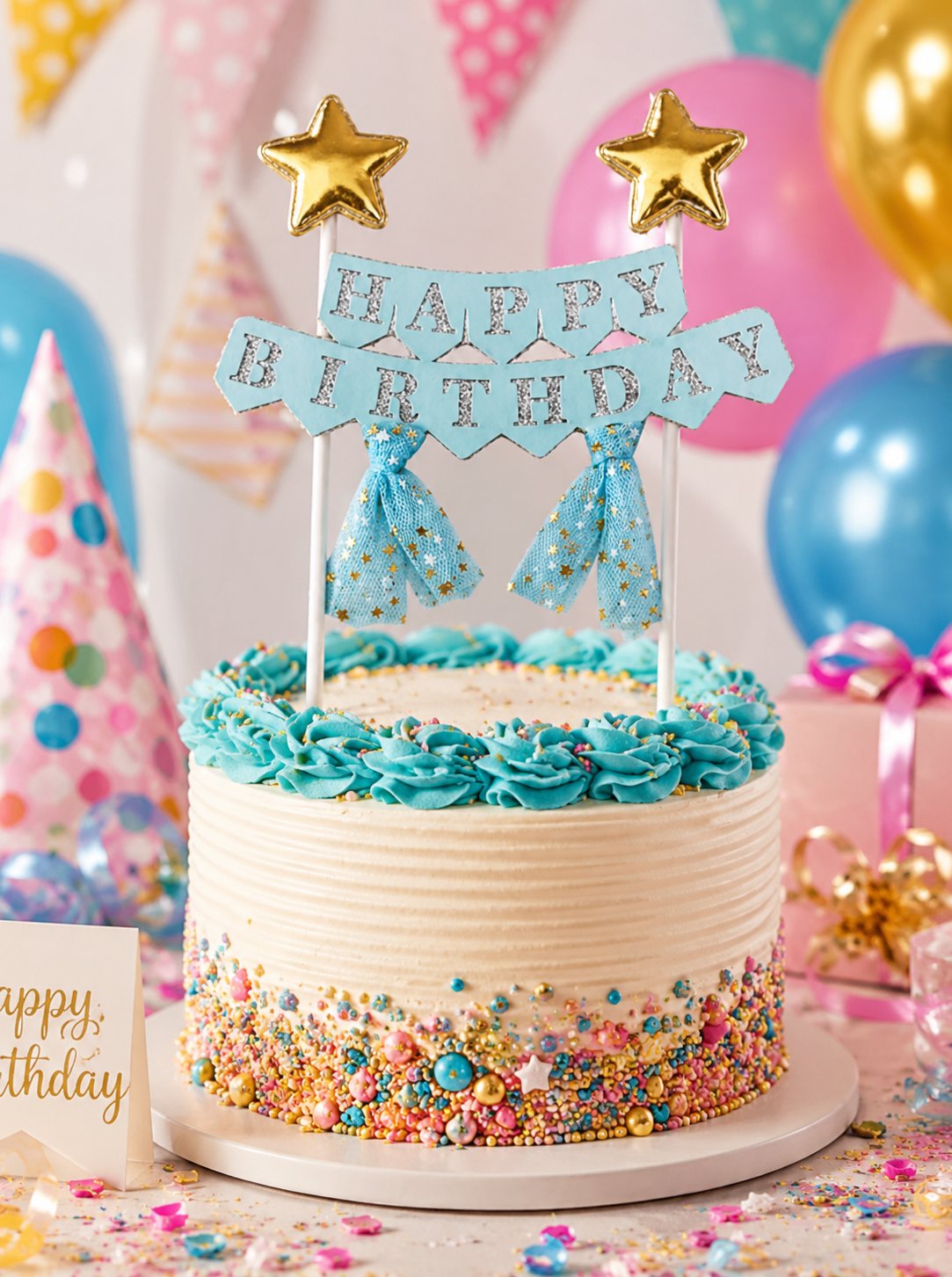 Pasta Üstü Çubuklu Happy Birthday Yıldızlı Tüllü Mavi