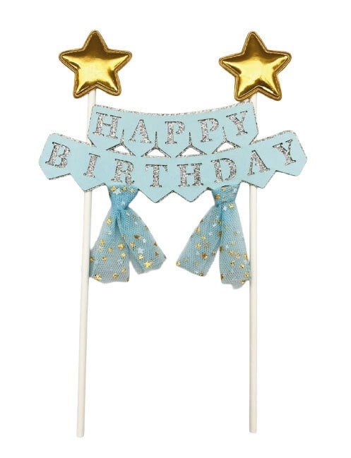 Pasta Üstü Çubuklu Happy Birthday Yıldızlı Tüllü Mavi