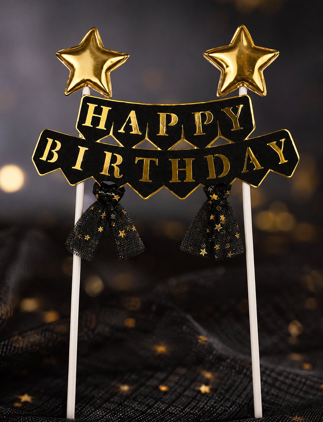 Pasta Üstü Çubuklu Happy Birthday Yıldızlı Tüllü Siyah